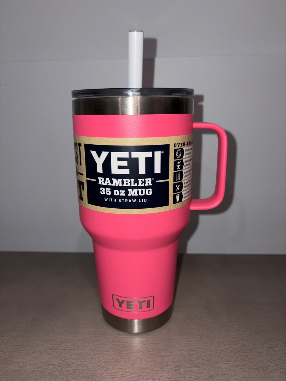 Yeti Rambler 35 oz Mug in Bright Pink with Straw Lid and Handle